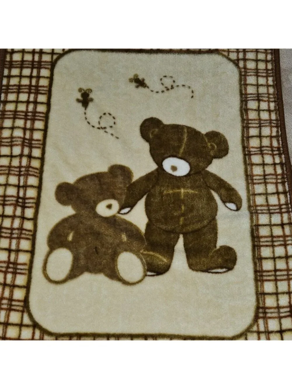VTG Eddie Bauer Brown Teddy Bear Baby Blanket Bees Plaid Acrylic Blend 30x45